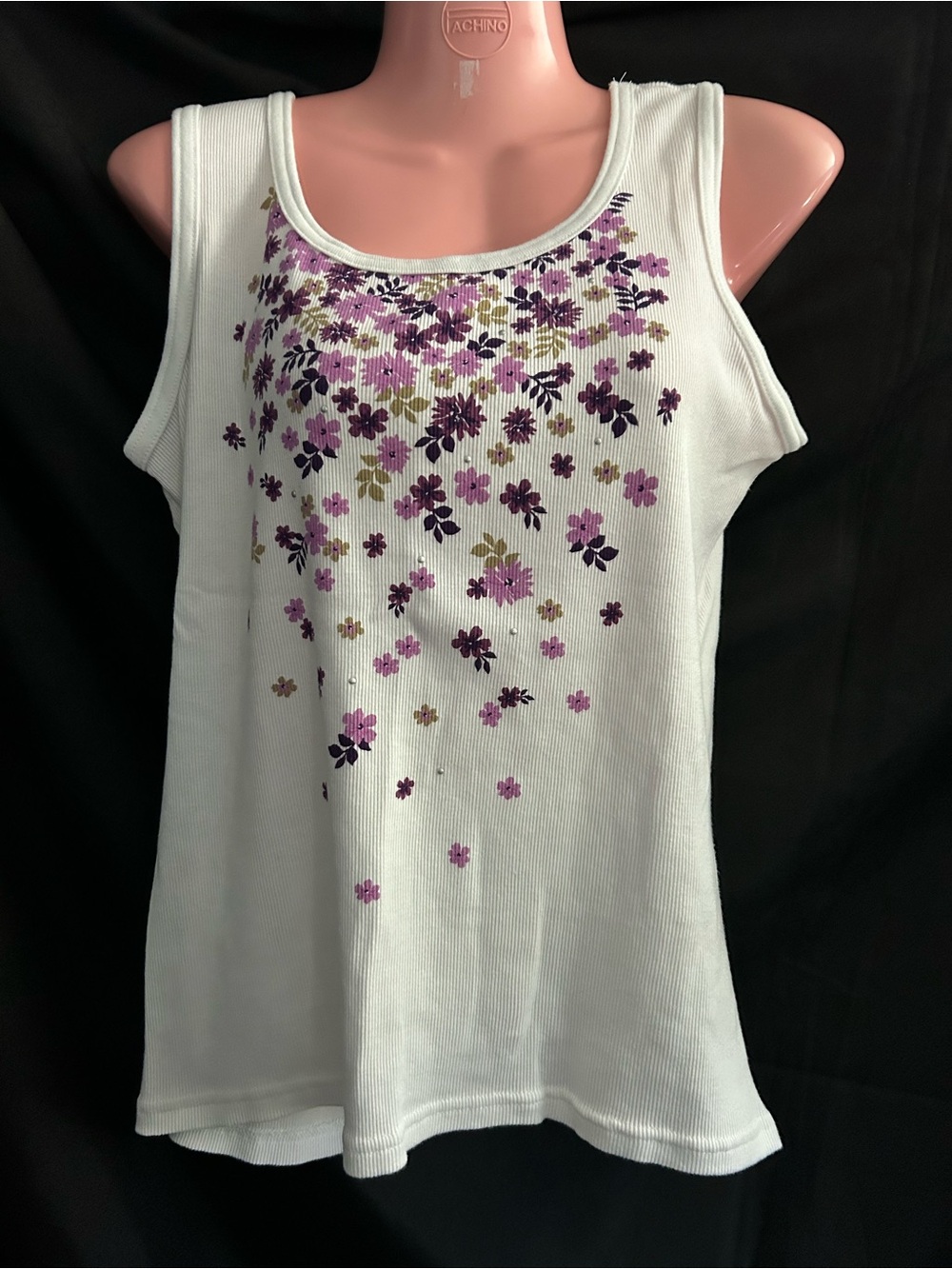 Basic Edition Women’s White & Purple Floral Scoop Neck Tank Top MD